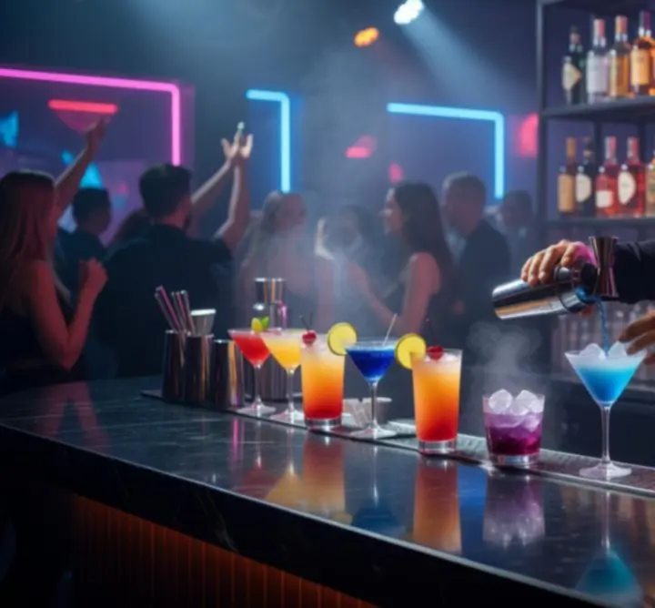 Nowoczesny bar w VESTO CLUB z kolorowymi koktajlami