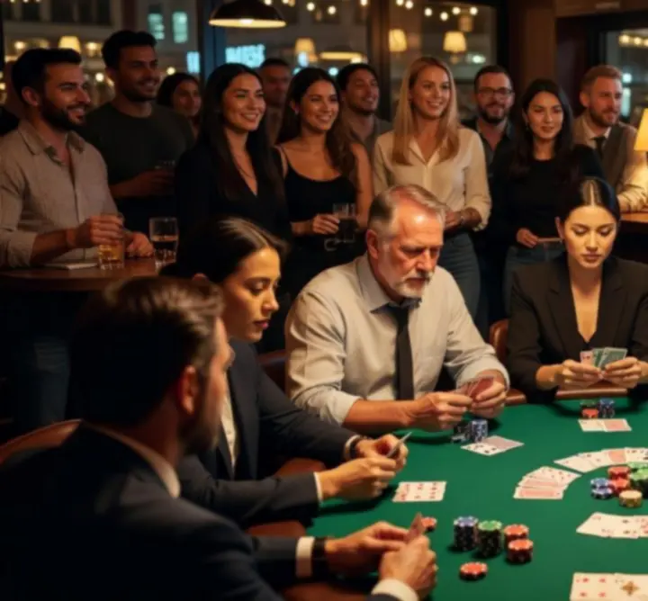 Dynamiczna scena z wydarzenia w VESTO CLUB, gracze przy stole pokerowym i goście w barze.