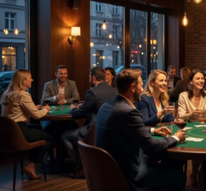 Stolik pokerowy w barze, kolorowe światła i znajomi grający w karty.